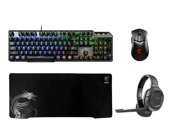 MSI Pro Pack: GK50 Elite Tastatur - GM51 Maus WL - GH50 Headset USB - GD70 Mauspad